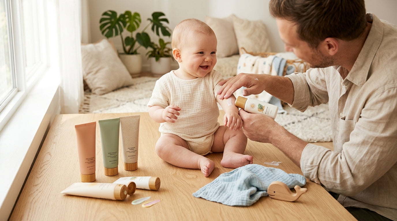 Frustrated dad trying to apply mineral sunscreen stick to squirmy baby