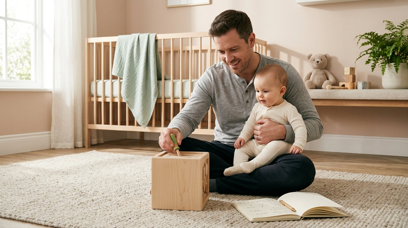 Exhausted dad staring at his smartphone while holding a sleeping baby