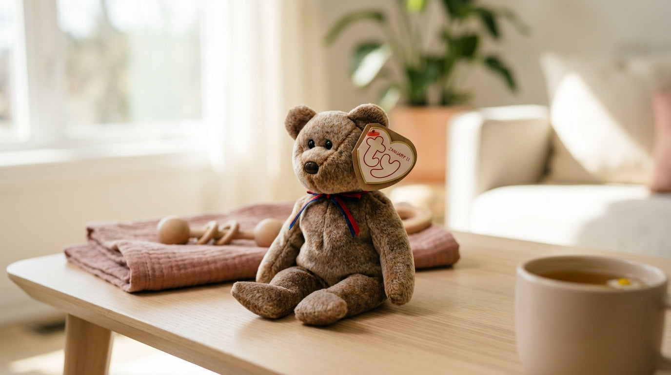 A dad looking confused at a vintage plush dog sitting on a baby nursery shelf.