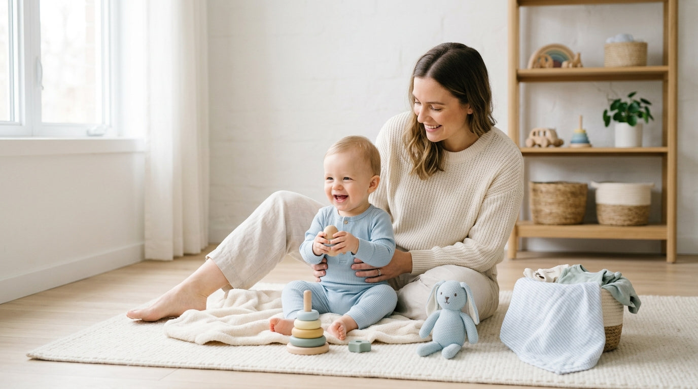 A tired dad staring at a blue nursery wall while holding an awake baby.