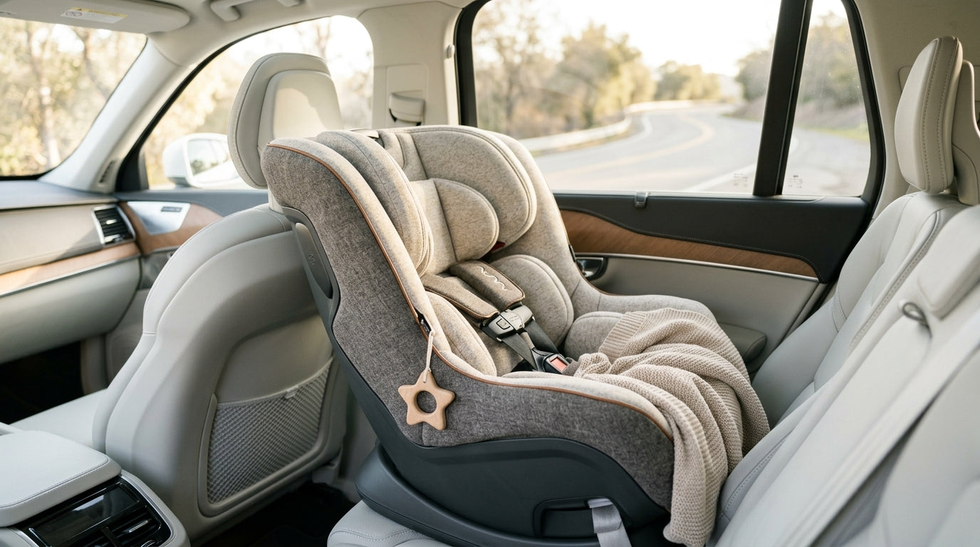 Stressed mom holding an iced coffee looking at a baby car seat in a messy car.