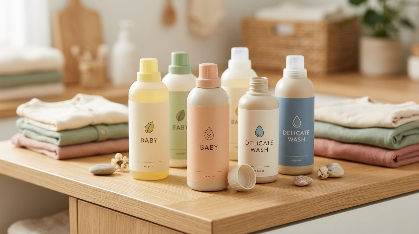 A basket of newborn clothes sitting next to an unmarked bottle of laundry detergent
