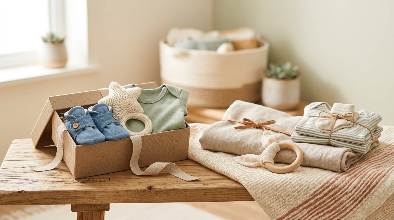 A tired dad looking at a disorganized pile of aesthetic baby gifts.