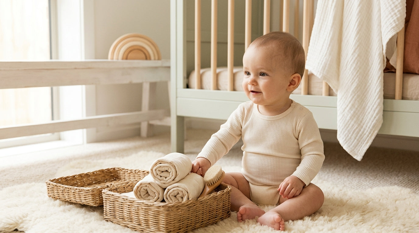 Confused toddler chewing on a wooden prop during a professional photo shoot