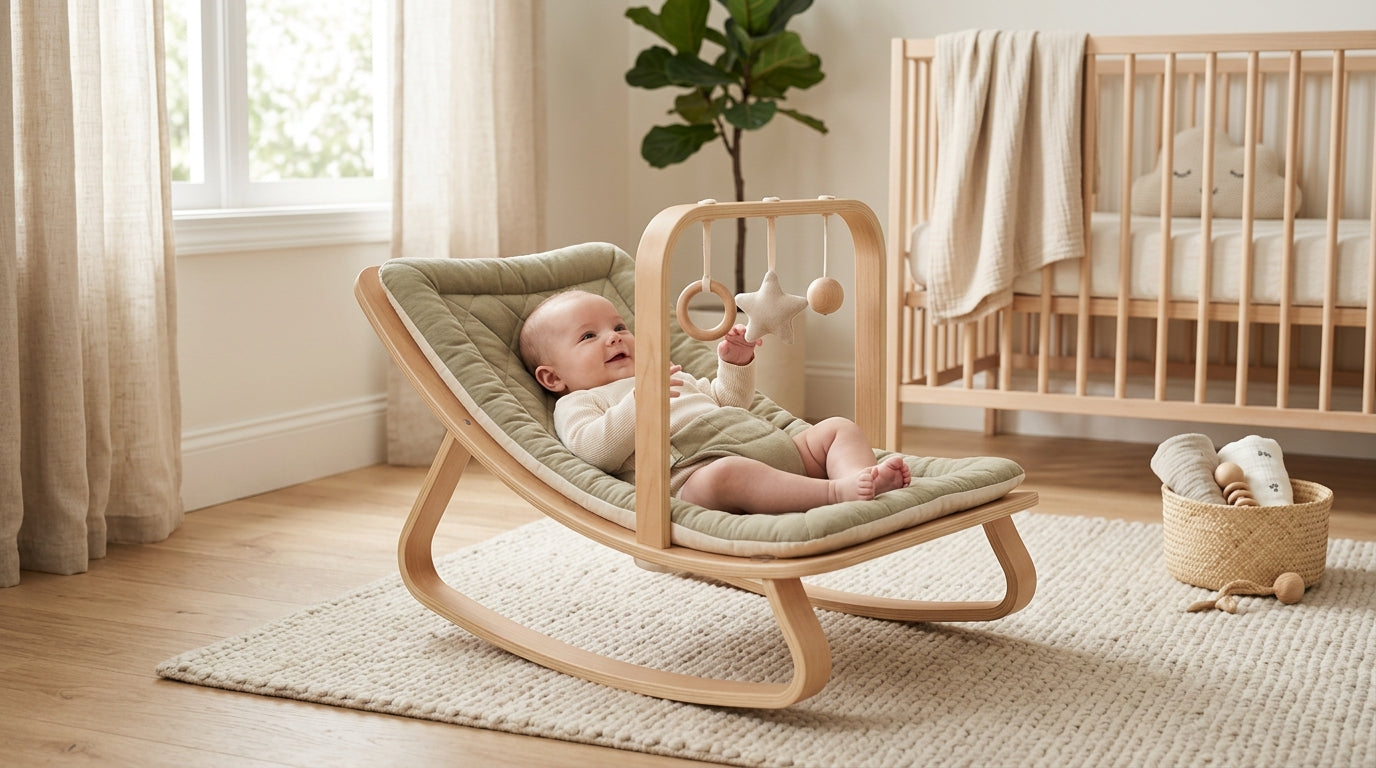 Tired mom sitting in a modern baby recliner in a nursery room