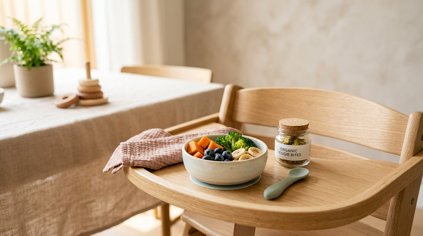 A messy baby eating avocado toast instead of processed snacks