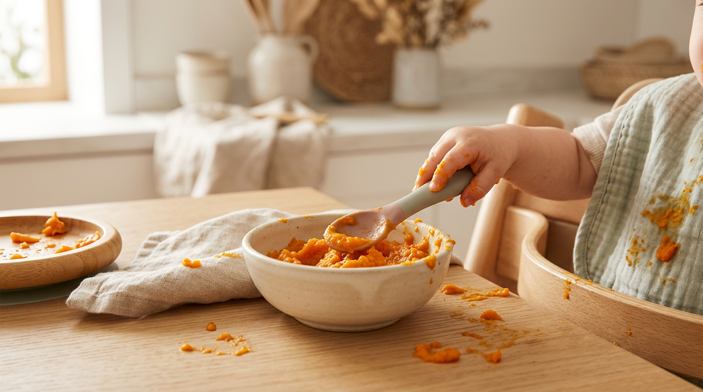A very messy baby covered in bright orange sweet potato puree happily chewing on a soft silicone spoon in a highchair