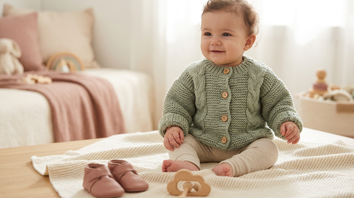 A tiny infant swallowed by an overly thick winter knit looking uncomfortable