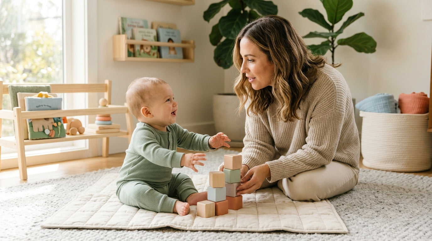 Sarah holding a cold coffee while making silly faces at her baby on a playmat