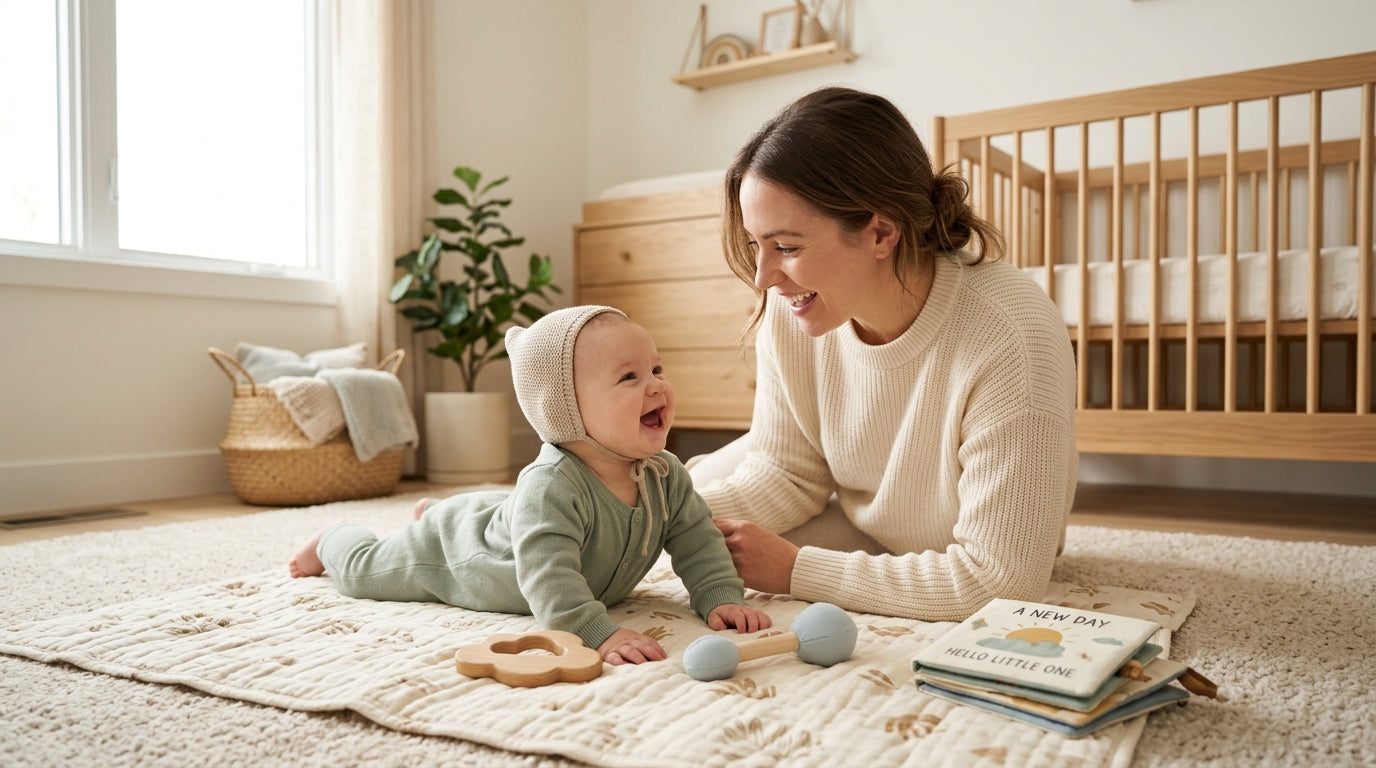 Mom lying on floor making funny faces at her baby under a wooden play gym