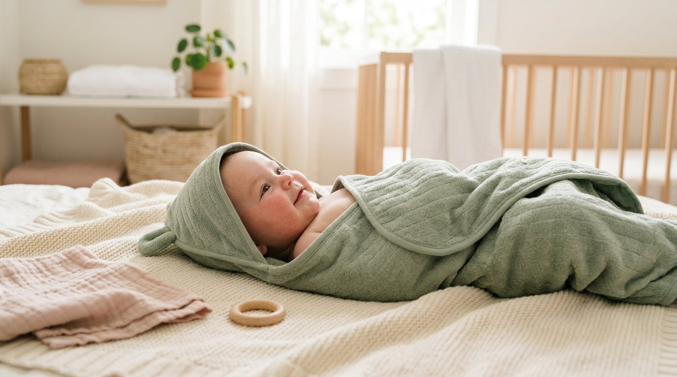 A damp baby wrapped in a hooded towel looking annoyed on a changing table