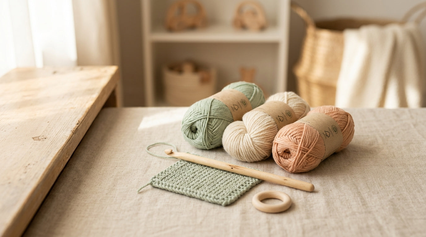 Messy pile of organic cotton baby yarn next to a wooden teething toy