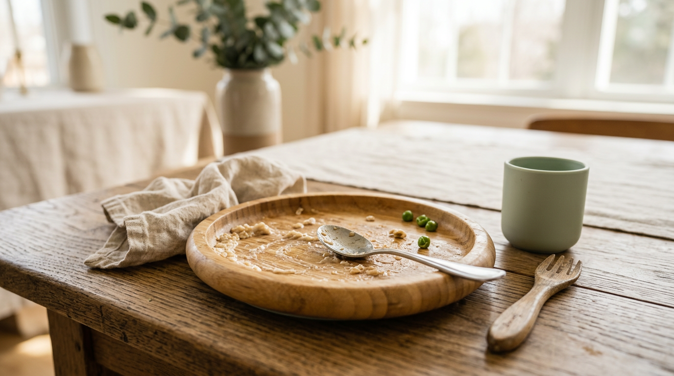 A messy toddler eating off a divided bamboo plate with a silicone suction base.