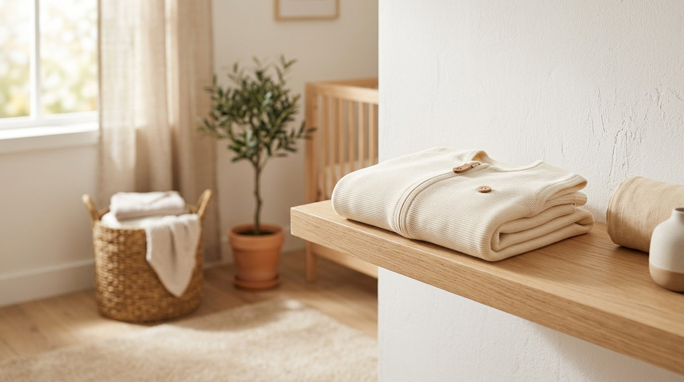 A frustrated mom looking at shrunken baby laundry on a drying rack