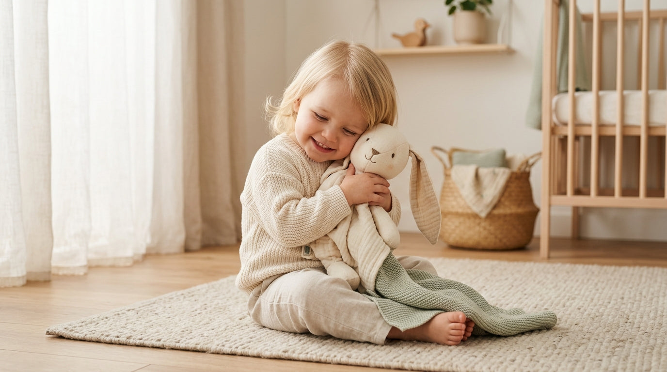 A heavily chewed organic cotton bunny lovey resting on a crib mattress.