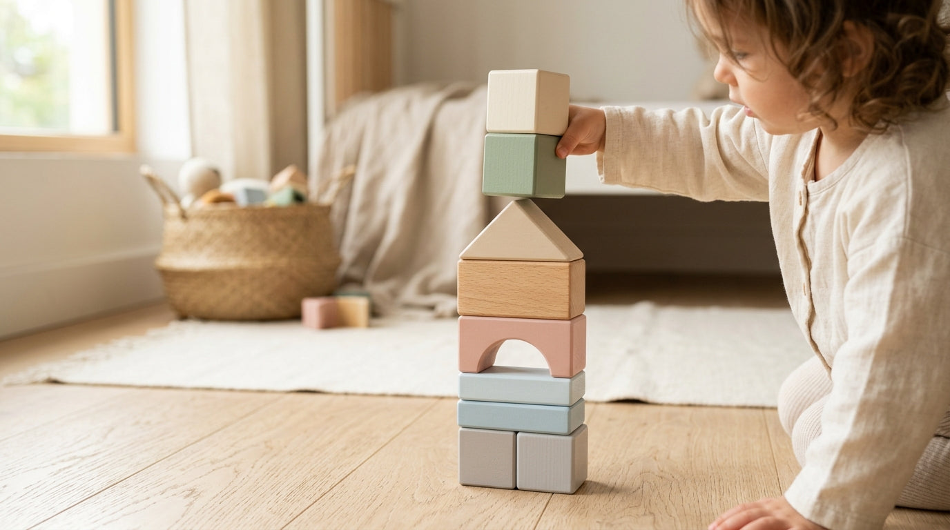 Mom sitting on the floor with baby surrounded by scattered colorful baby blocks