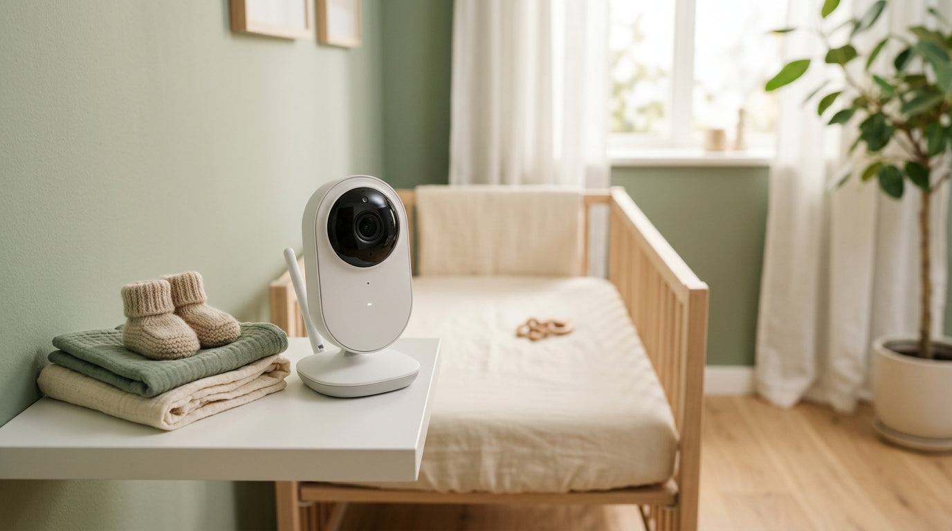A simple baby video monitor sitting on a rustic wooden dresser next to a stack of folded organic cotton clothes.