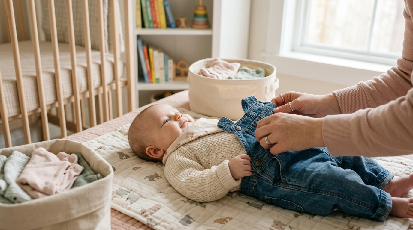A frustrated mom holding a crying baby wearing stiff miniature denim jeans in a brightly lit nursery
