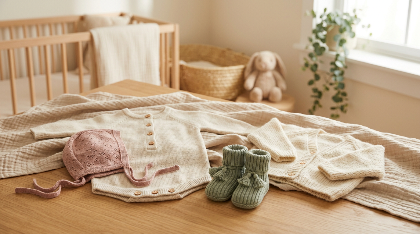 Messy pile of baby knit sweaters and rompers on a changing table