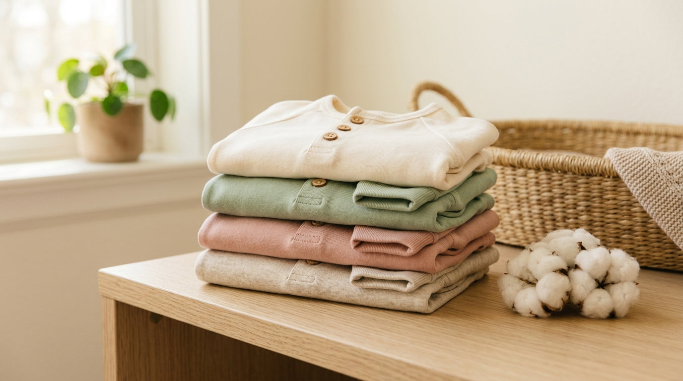 A pile of organic cotton newborn onesies on a messy changing table next to a cold cup of coffee.