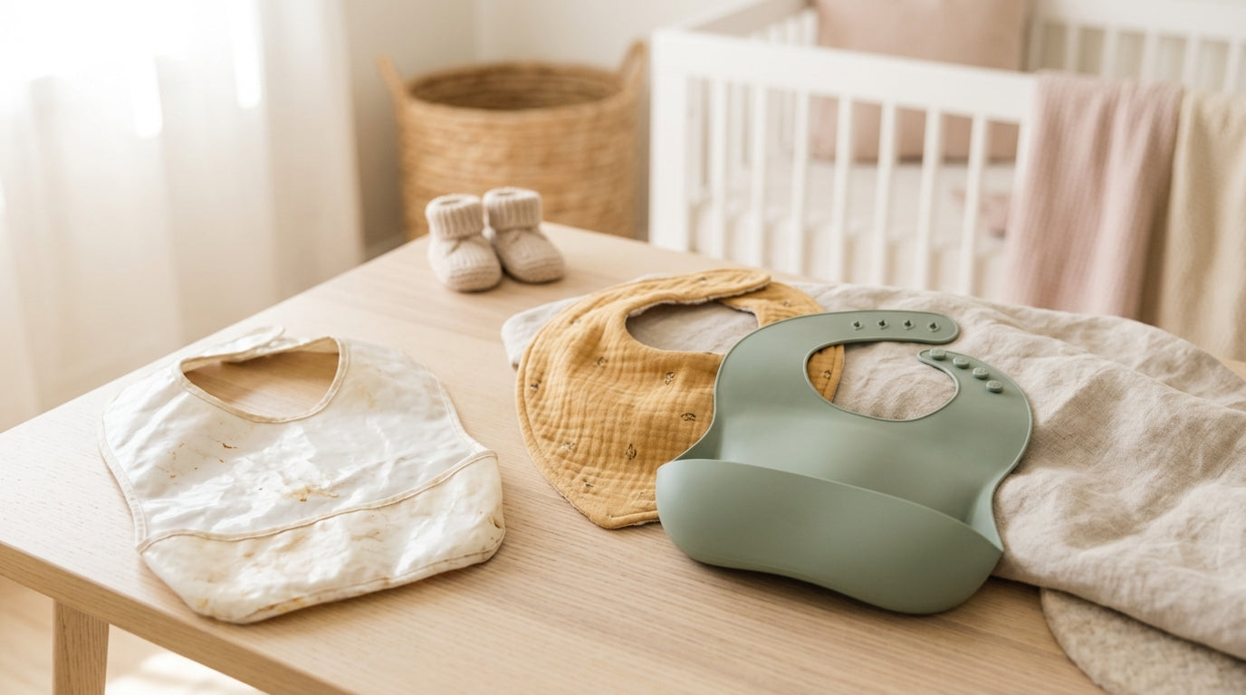 A heavily stained cloth baby bib next to a clean silicone pocket bib.