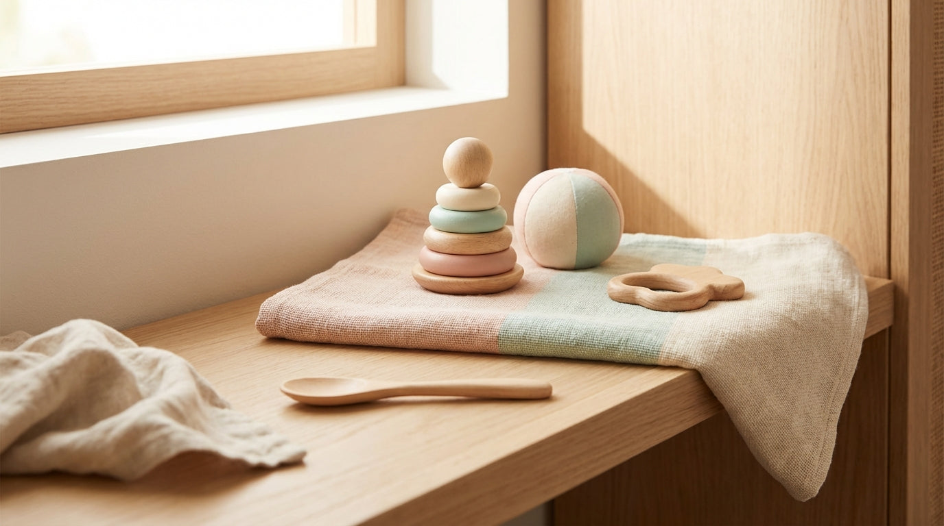 A messy living room floor with a coffee cup and a wooden play gym