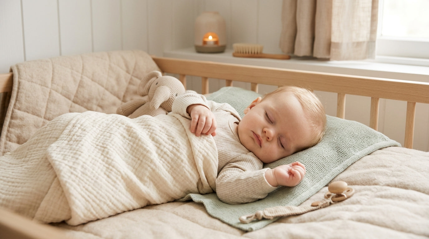 Exhausted mom checking sleeping baby temperature with cool mist humidifier