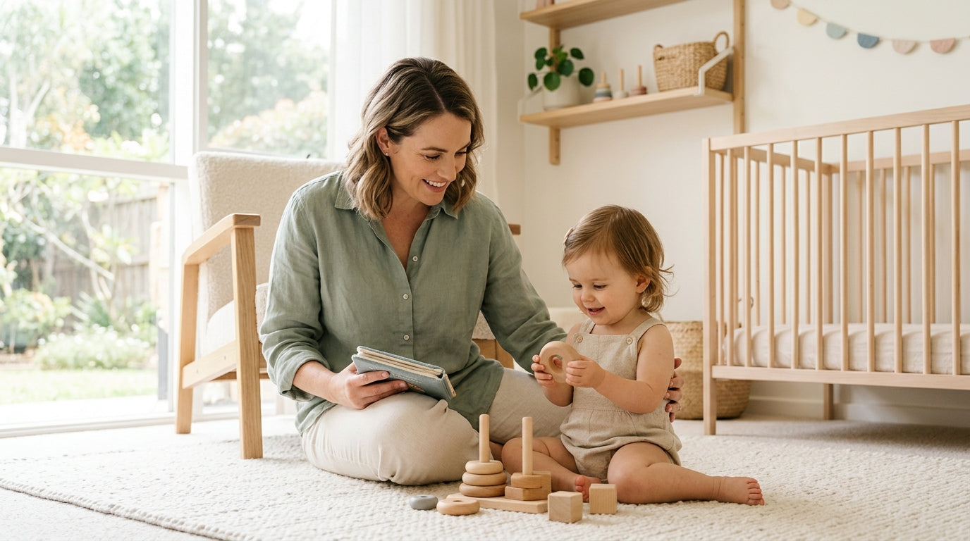 A wooden baby play gym set up on a messy living room rug.