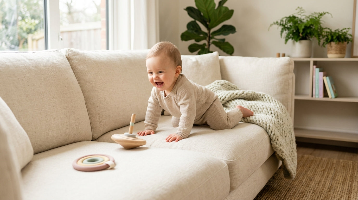 A heavily pregnant woman attempting a yoga inversion on a sofa.