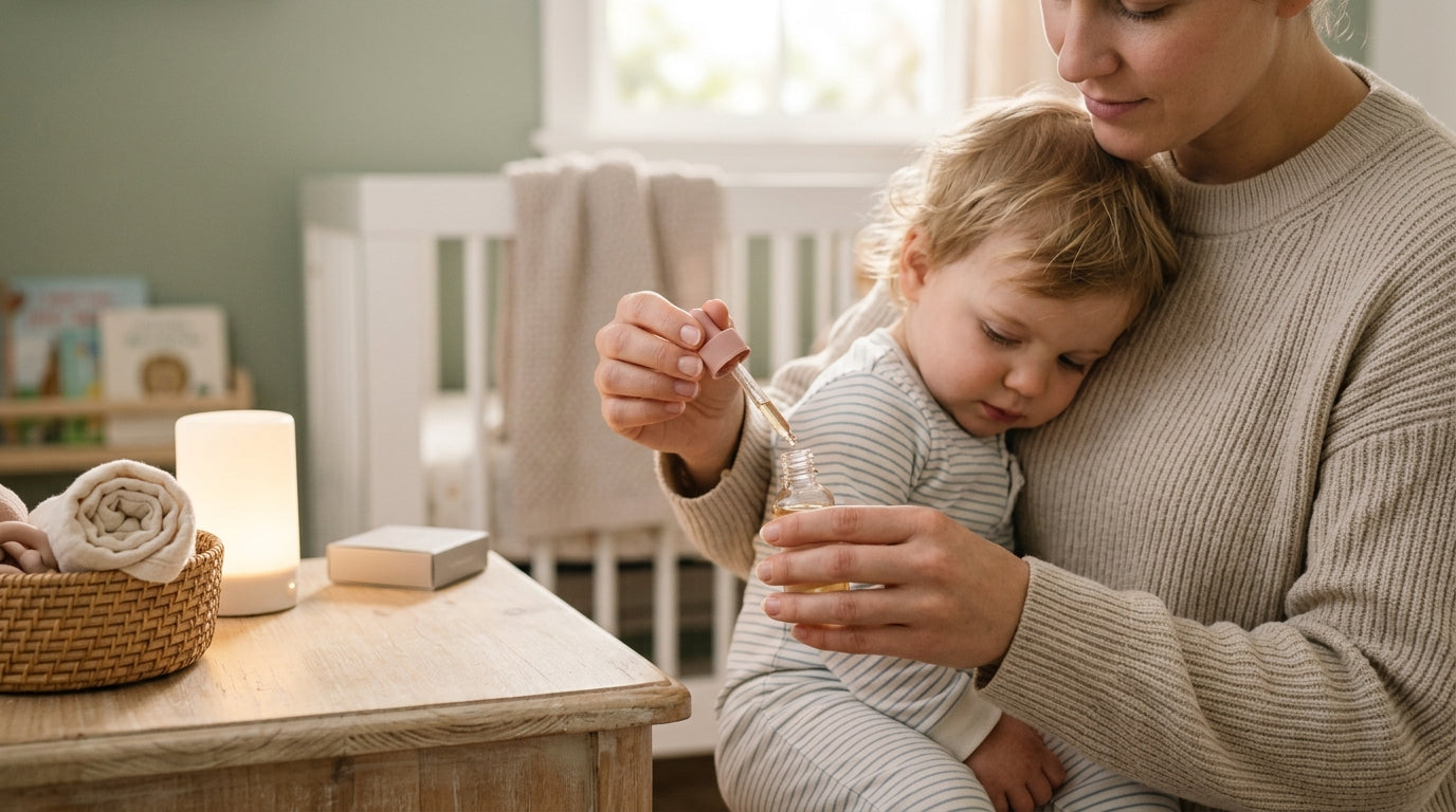 A stressed mom looking at a medicine bottle and holding a digital thermometer in a dark bathroom.