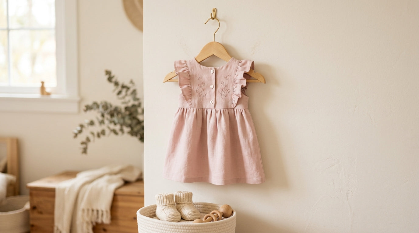 Frustrated mom holding an iced coffee and a baby wearing a comfortable dress