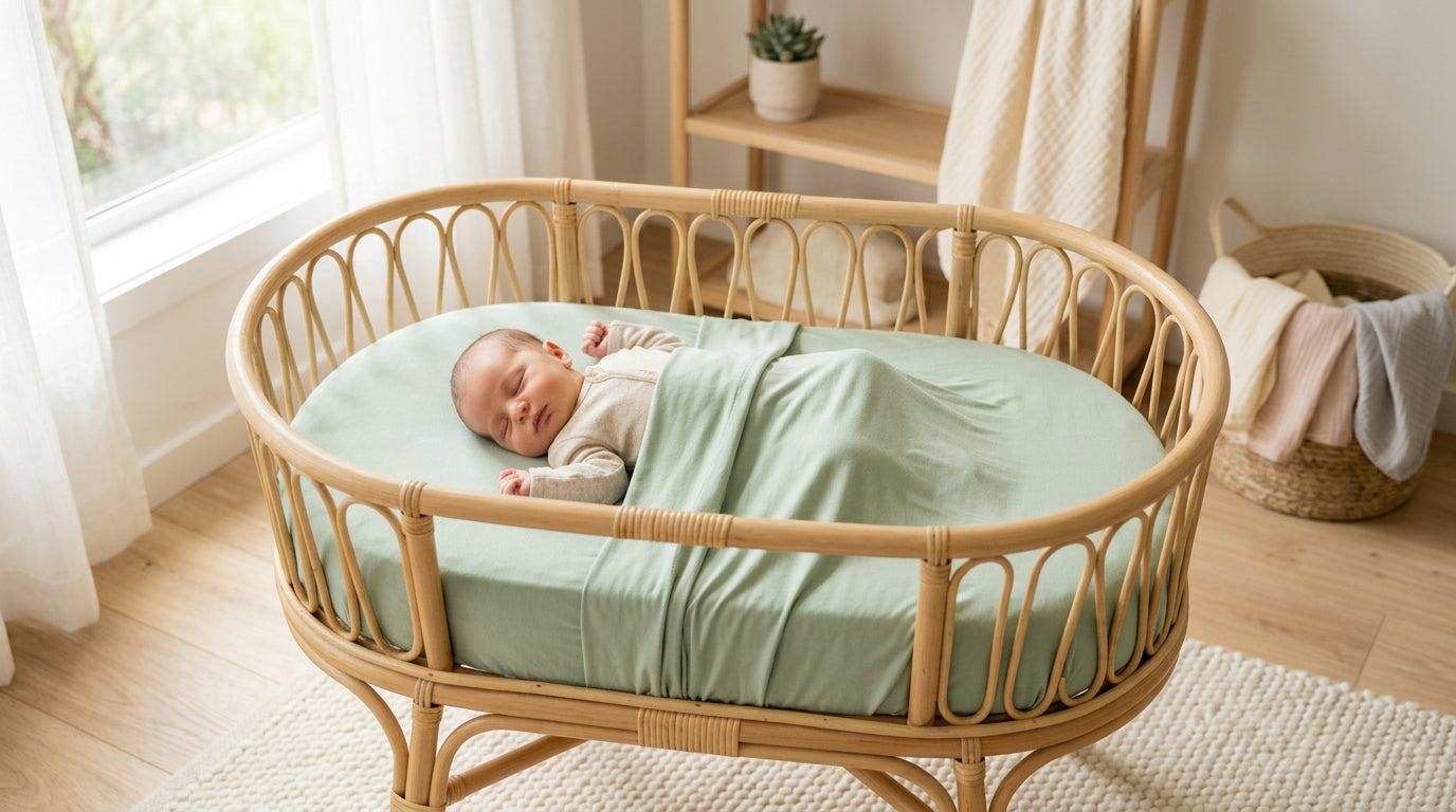 Close up of a drum-tight newborn sleep surface in a modern nursery