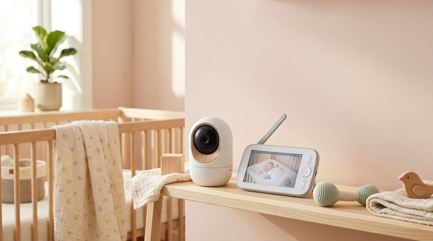 A father staring bleary-eyed at a glowing baby monitor screen in a dark room.
