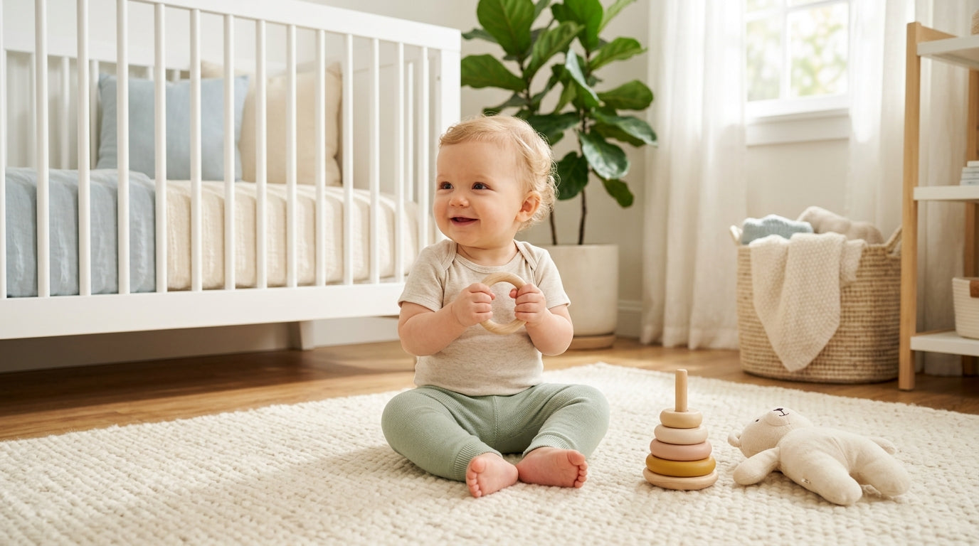 Toddler with curved legs wearing a diaper and soft shoes standing on a wooden floor