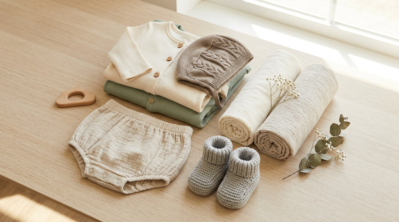 A folded stack of soft earth-toned organic baby bodysuits and blankets