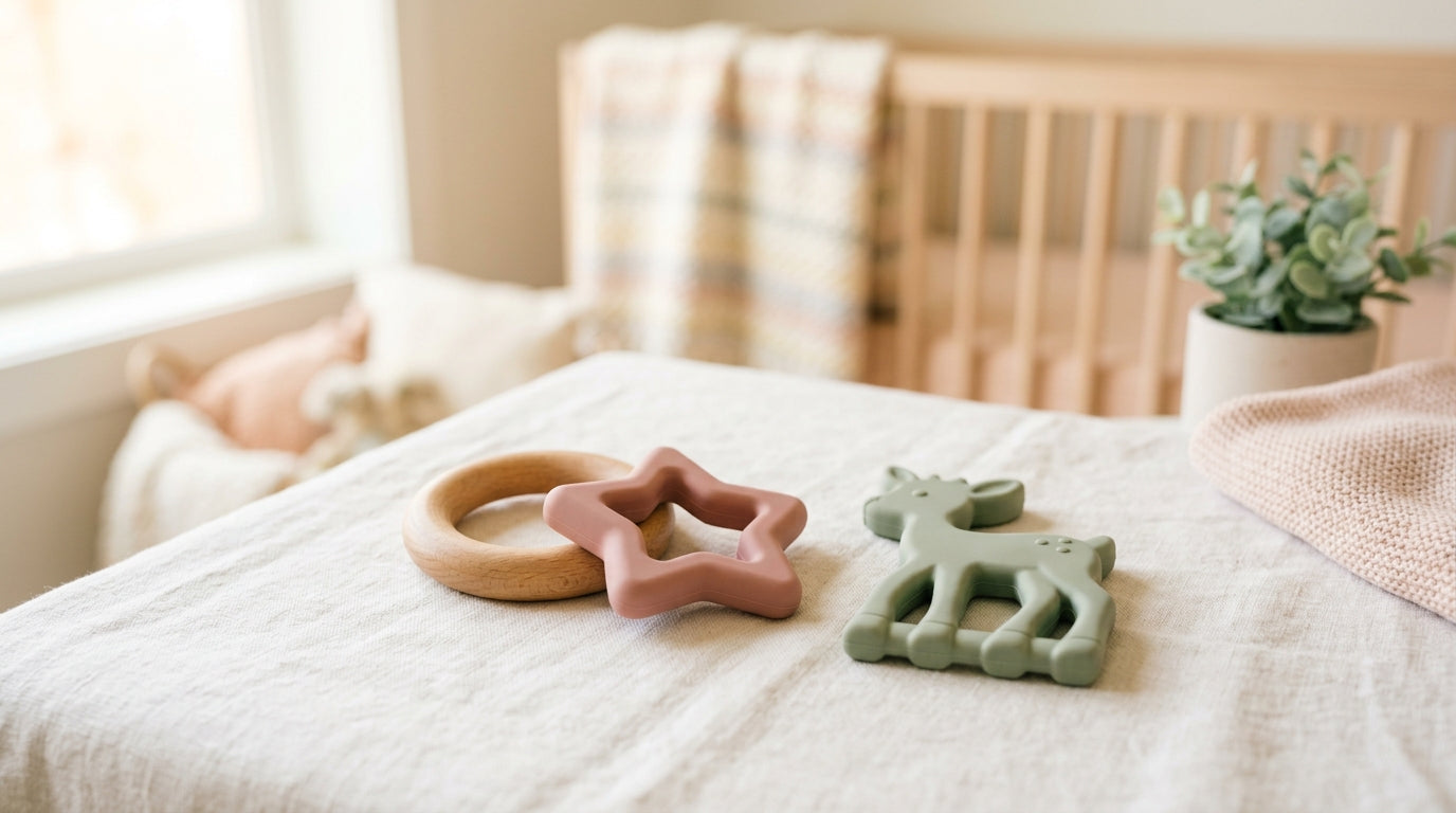 A baby chewing on a silicone panda teether while sitting on a playmat.