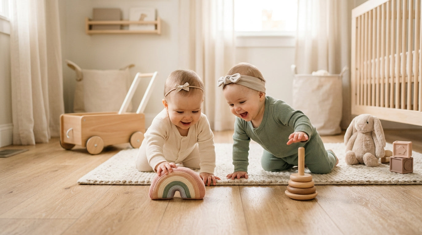Twin baby girl in organic cotton onesie commando crawling toward a dog bowl