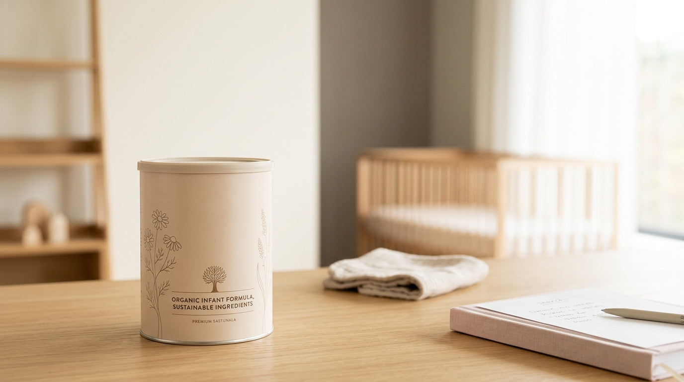 A dark kitchen counter covered in spilled white baby powder and a half-empty plastic bottle