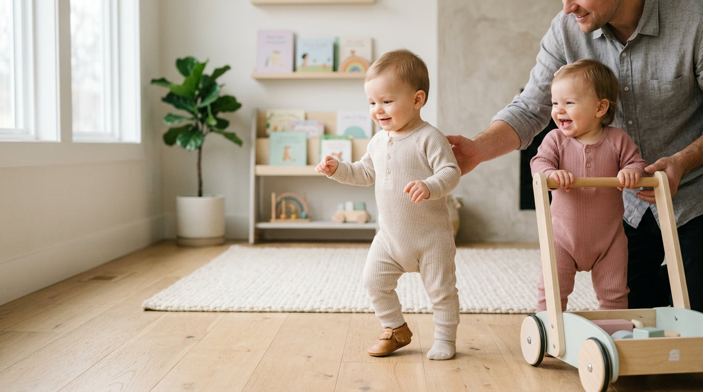 Twin baby pulling up on a sofa while holding a wooden teething ring