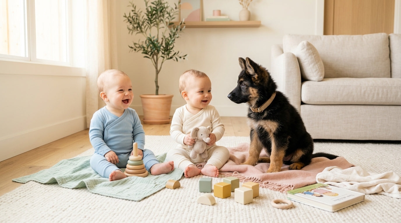 Baby German shepherd puppy sitting next to twin toddlers