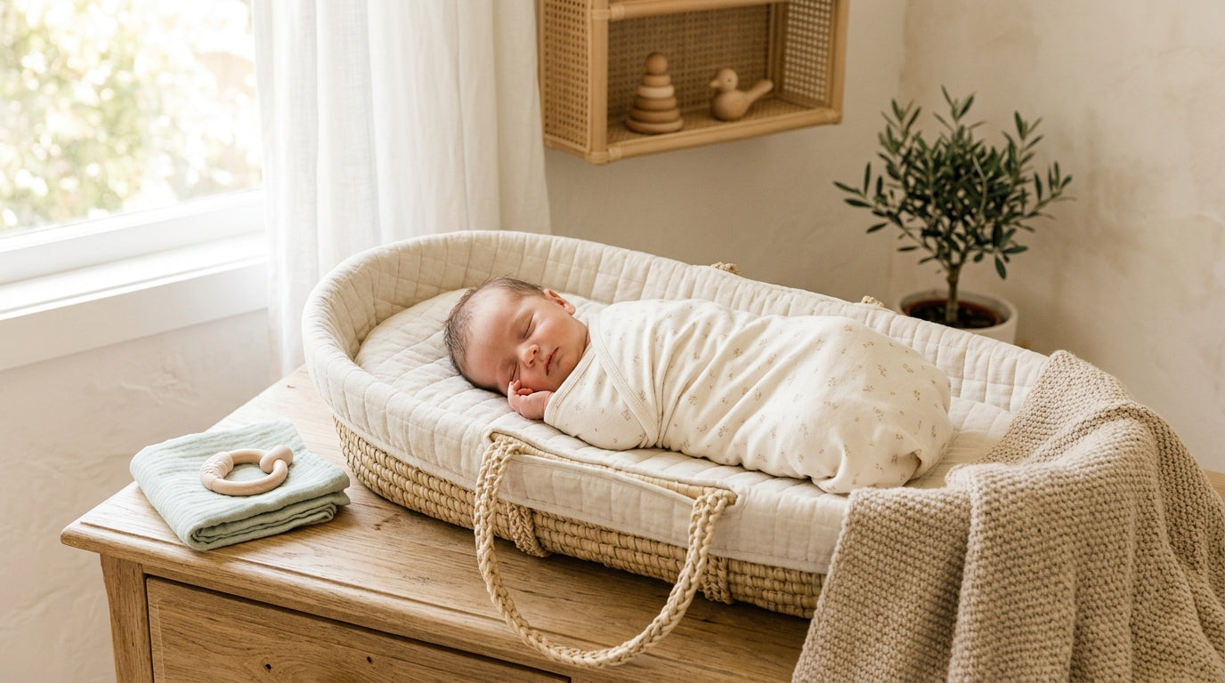 Newborn baby wrapped in a blanket with a slightly squished puffy face