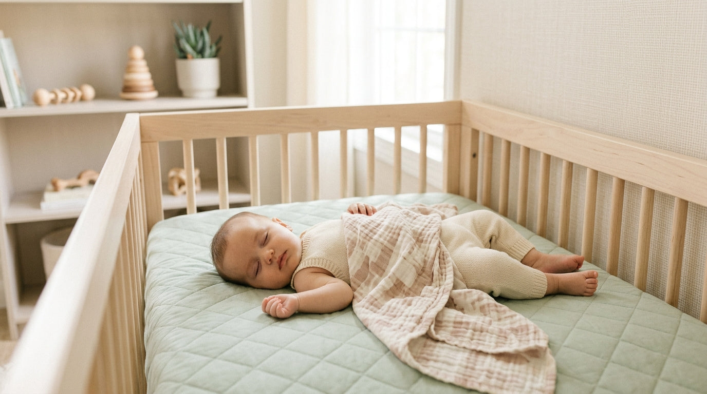 Tired mom holding a sleeping baby while looking at her smartphone