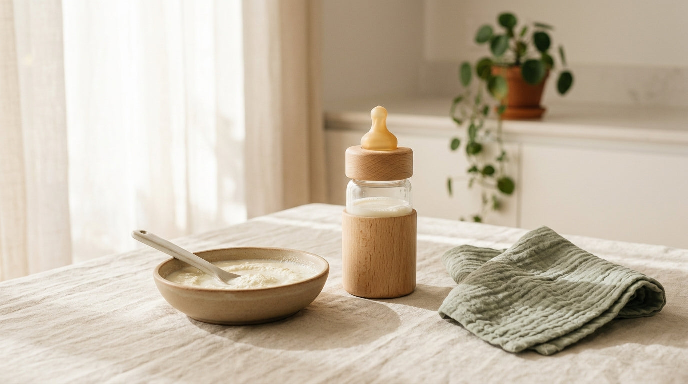 A half empty baby milk bottle sitting on a kitchen counter