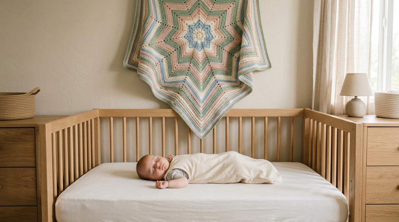 Two crocheted baby blankets draped over a wooden chair next to a half-drunk cup of tea in a messy London flat.