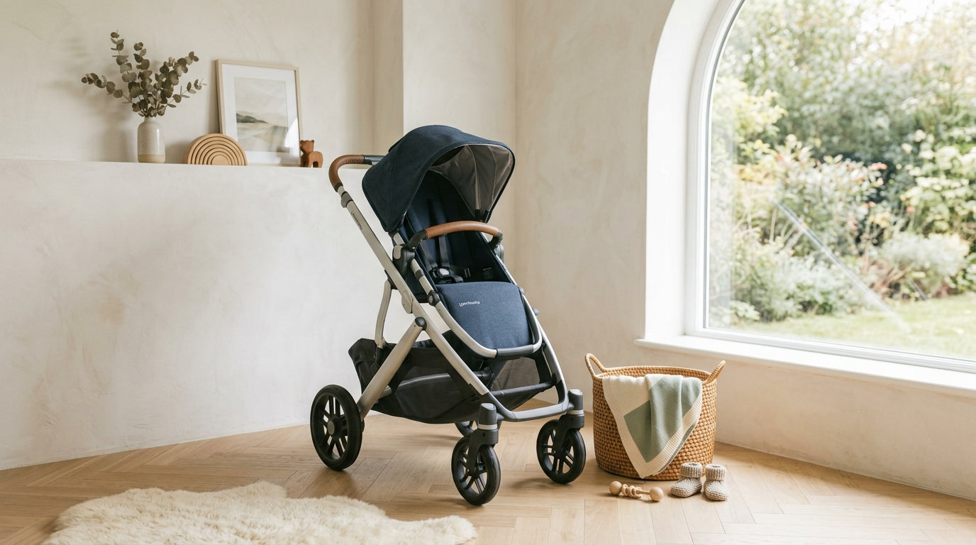 Dad pushing an UPPAbaby Vista stroller on a cloudy day in Portland