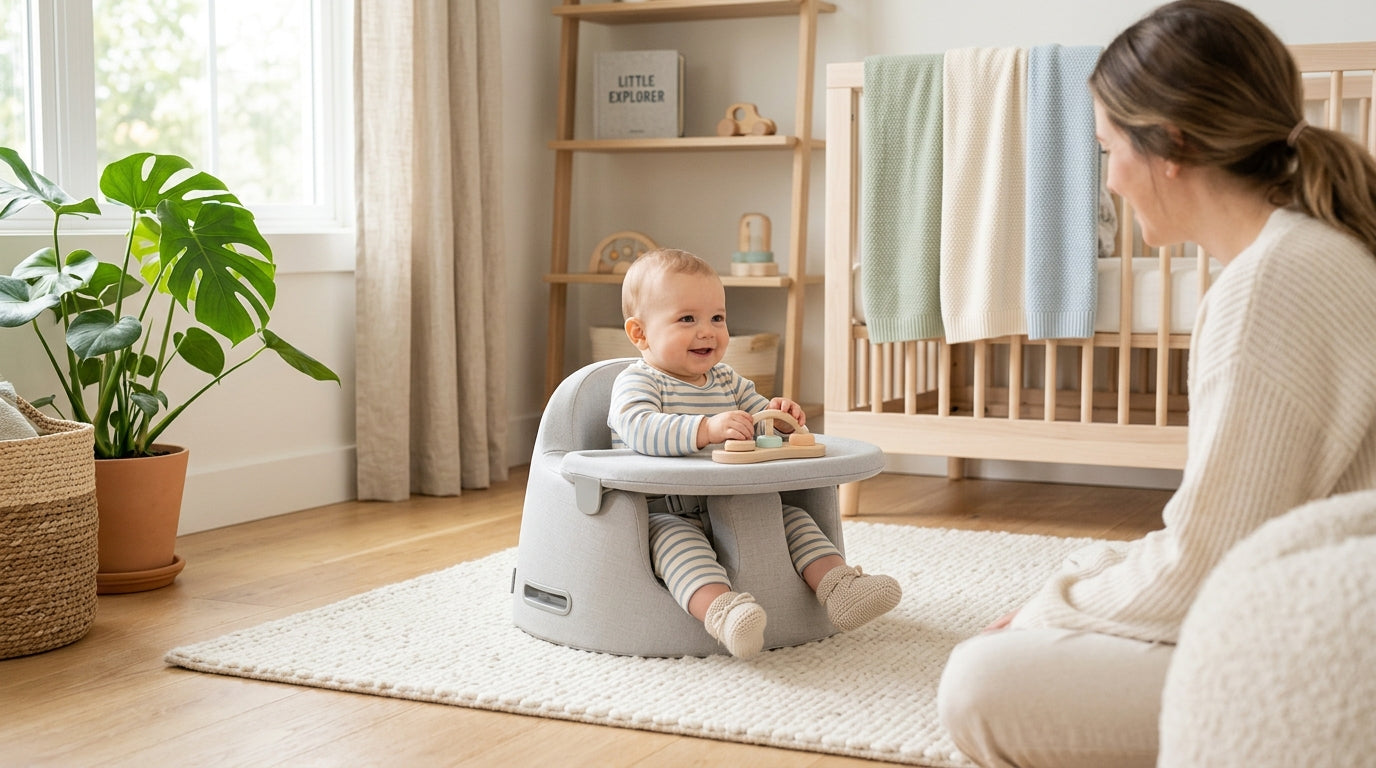 Mom with coffee looking at a baby sitting in an Upseat floor chair
