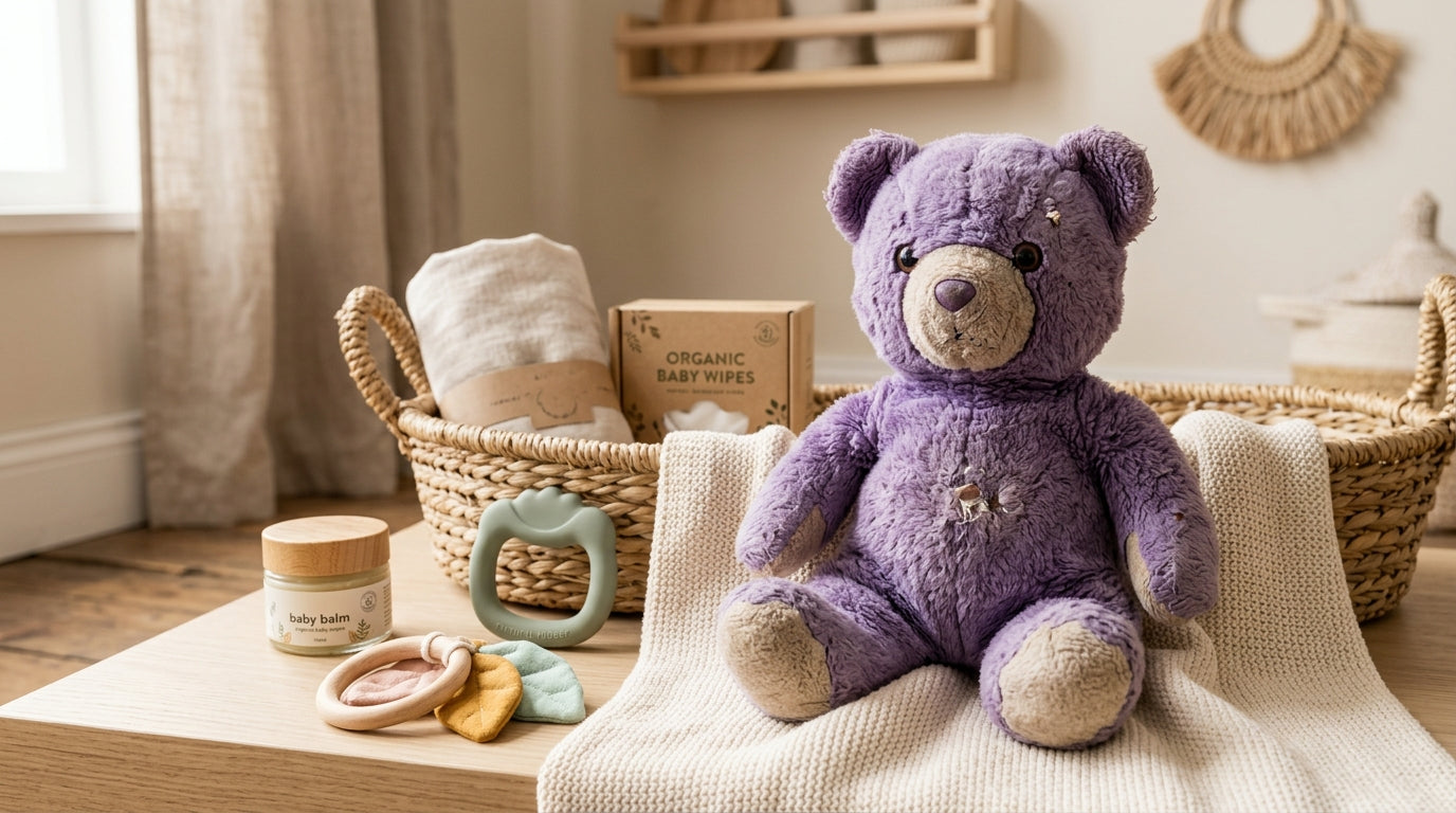 Dusty purple Princess Diana Beanie Baby sitting on an attic storage bin