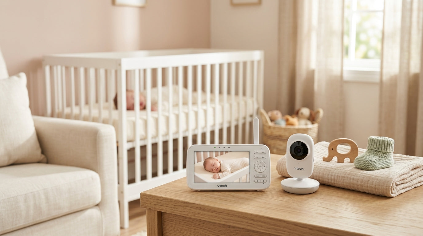 A VTech baby monitor screen showing a sleeping baby in a dark room.