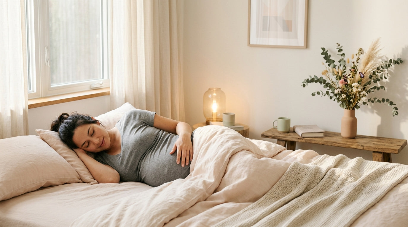 Pregnant mother holding a tiny organic bodysuit looking anxiously at her belly