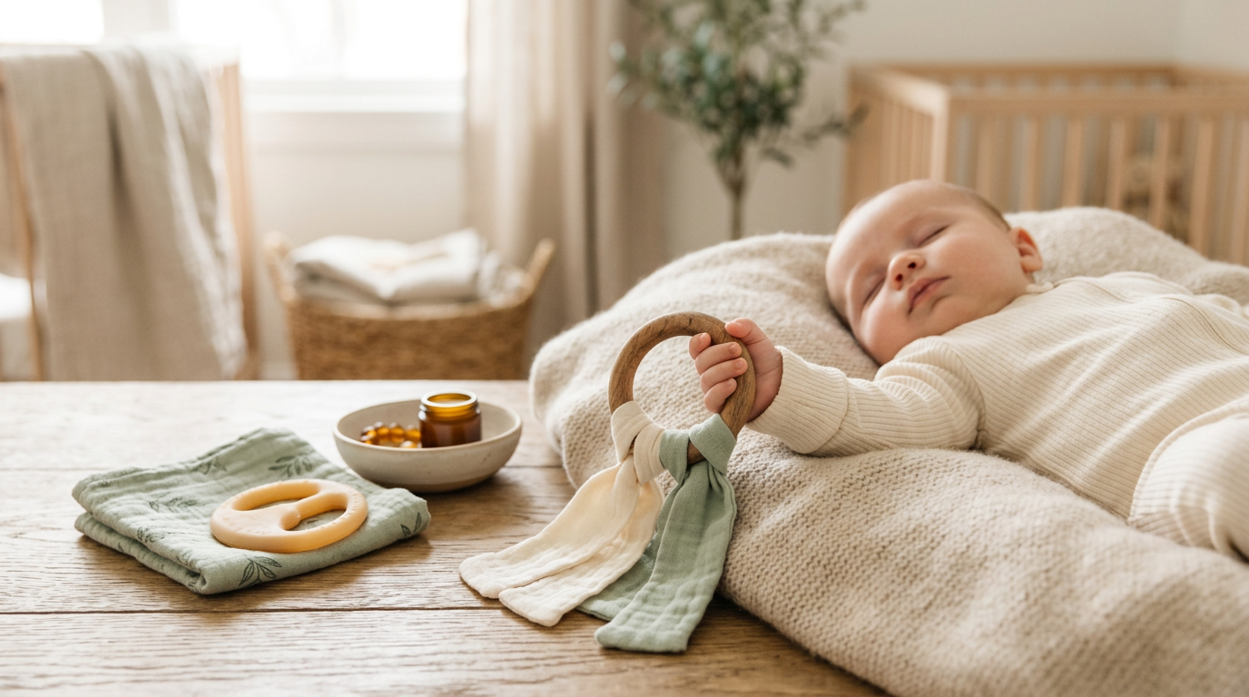 Erschöpfter Vater hält sabberndes Baby mit Silikon-Beißring